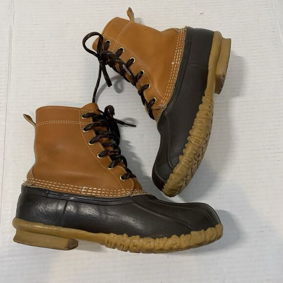 Bean Boots By LL Bean Mens 7 Womens 9 Rubber Duck Brown Gum Leather 6 Eye - Picture 6 of 9